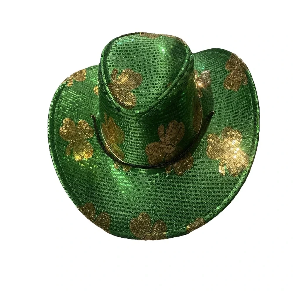 St. Patrick's Day Sequined Cowboy Hat Adult Size Fits Most Plush & Fabric Green